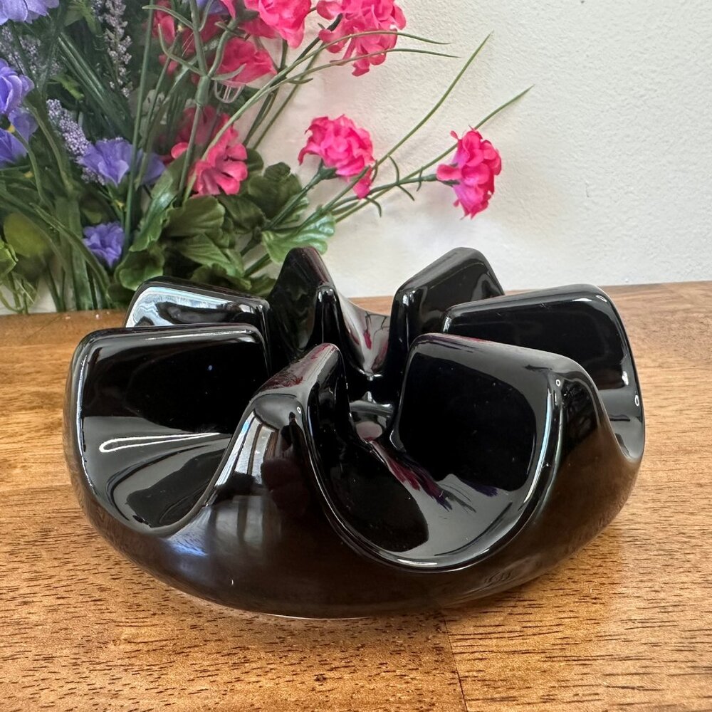 Mid Century Modern Black Glass‎ Lotus Candle Holder Sculptural Petal Design